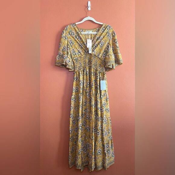 NWT Max Studio Smocked Waist Midi Dress in Gold Womens Size XS - Picture 2 of 5